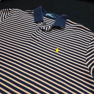 Polo Ralph Lauren Mens Large Navy Orange Striped Cotton Pique Polo Shirt Logo